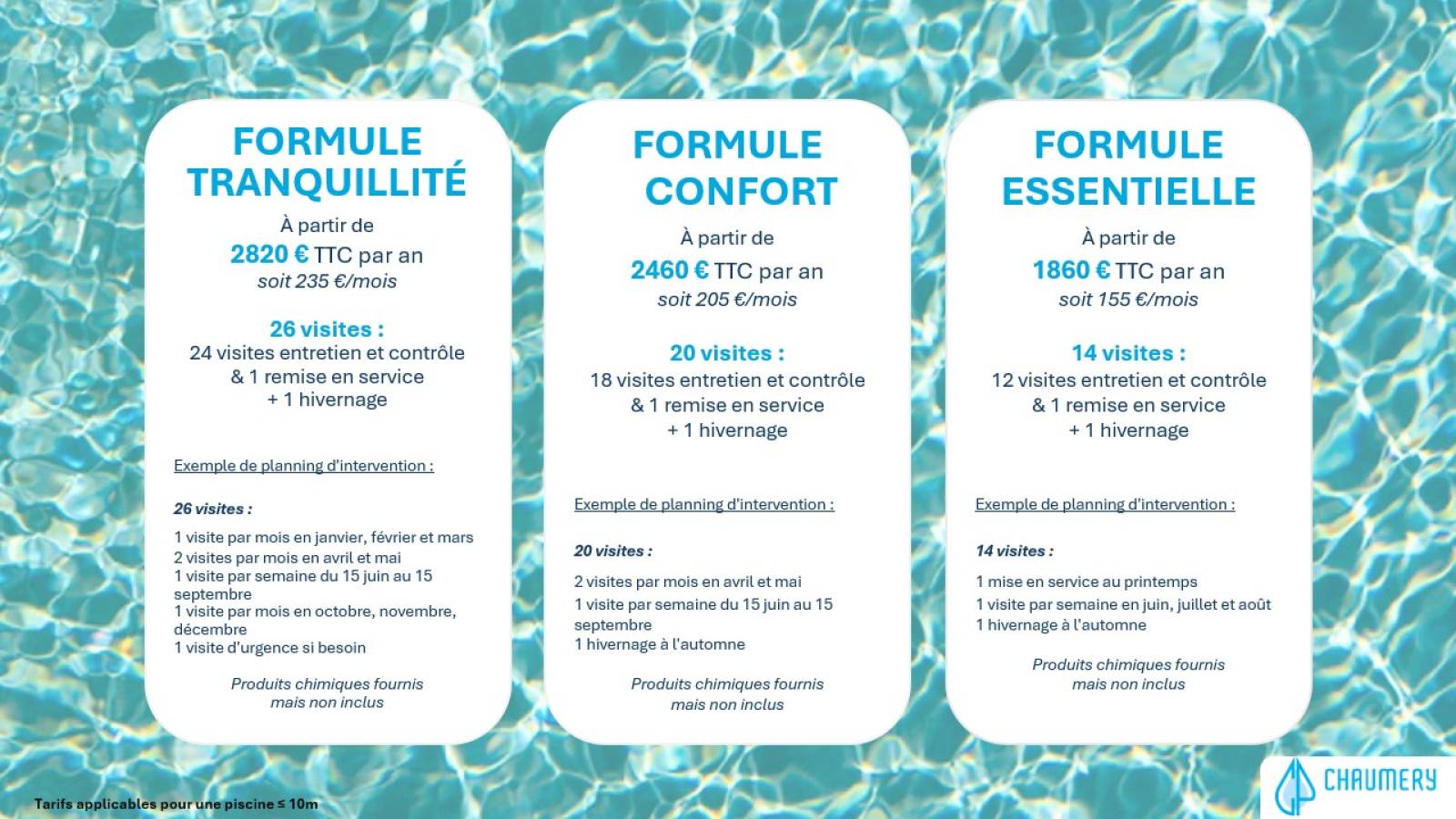 Contrat d’entretien de piscine avec différentes formules (Essentielle, Confort et Tranquillité) pour particuliers à Aix-en-Provence, Marseille et sur la Côte Bleue – Chaumery Piscines & Co